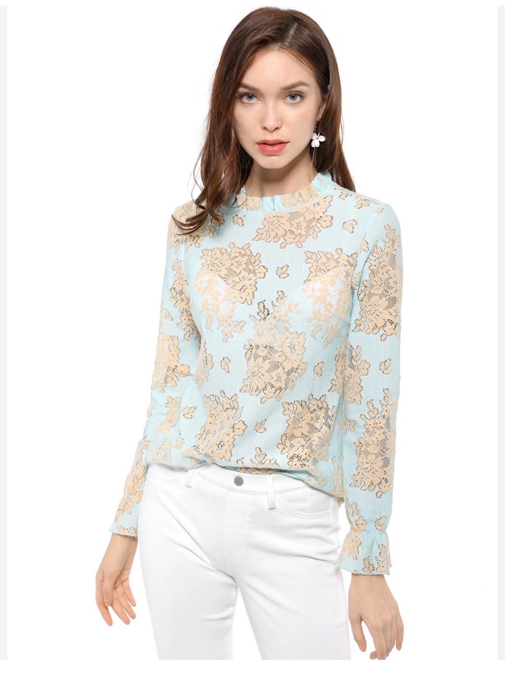 Allegra K Light Blue Floral Lace-Print Long Sleeve Top